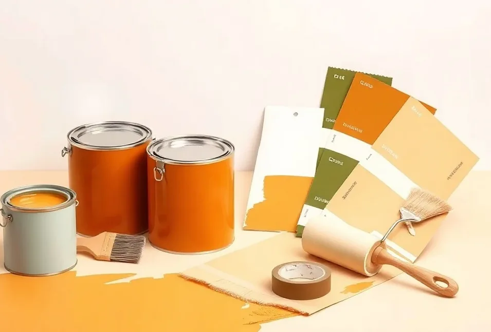Pots de peinture, nuancier, brosses et rouleaux disposés à plat