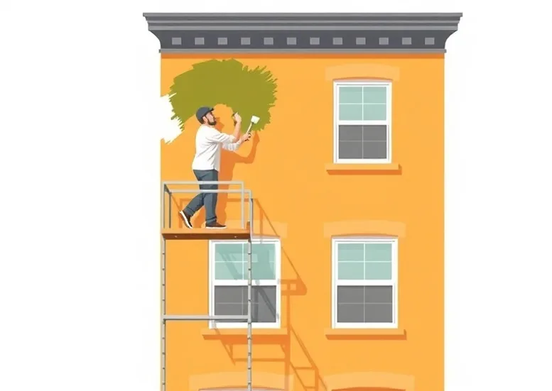 Peintre sur échafaudage traitant la façade d'une maison