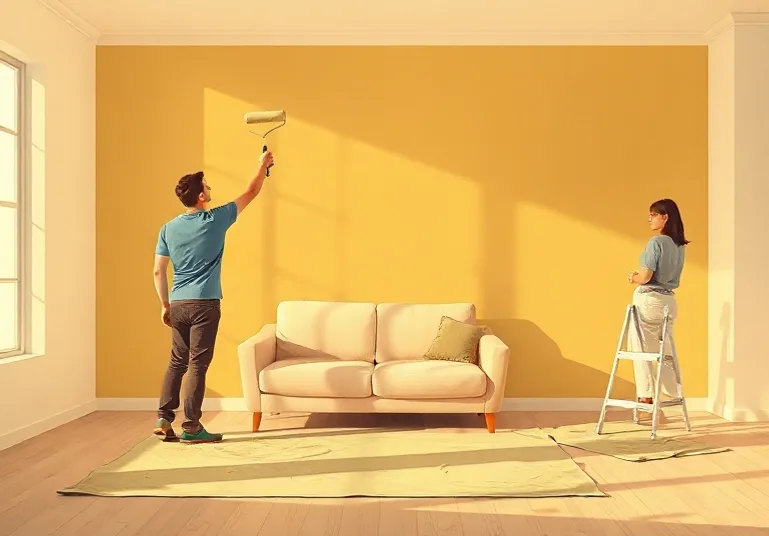 Peintre appliquant la peinture au rouleau sur un mur de salon