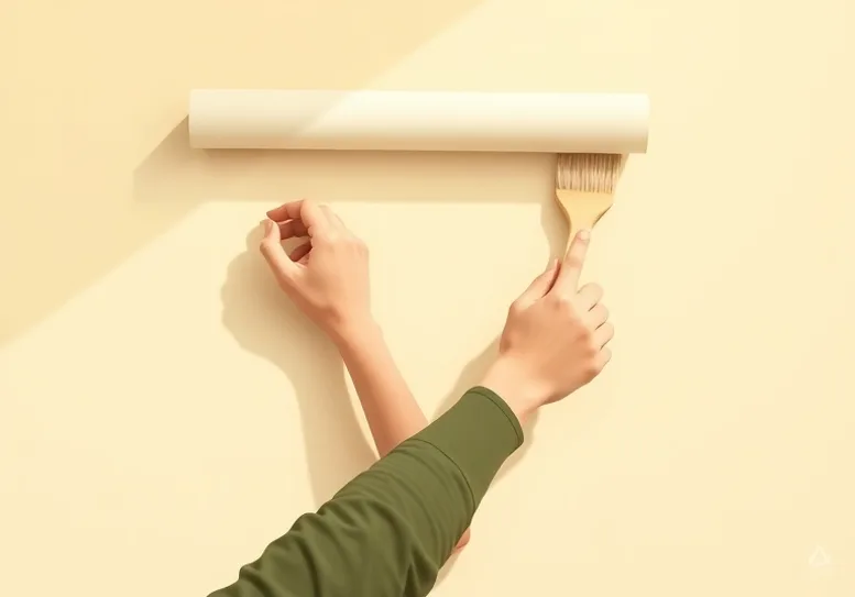 Pose de papier peint, rouleau et brosse à maroufler